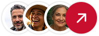 Três pessoas sorrindo em círculos com um botão vermelho no meio
